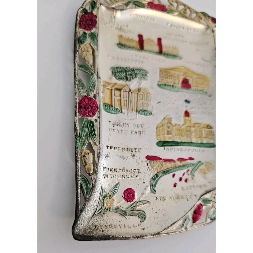 Collectible MCM Indiana Hoosier State Hand-Painted Souvenir Plate VTG Trinket